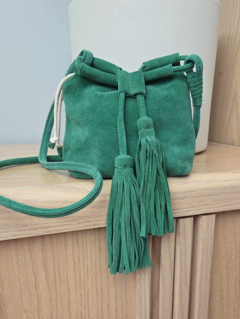 Zara Trafaluc Emerald Green Split Suede Crossbody Bucket Bag